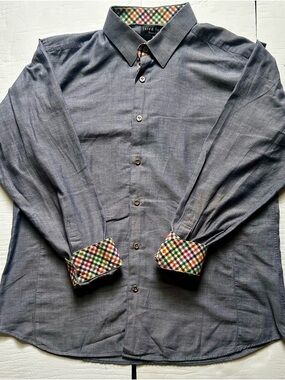 Jared Lang Gray Long-Sleeve Dress Shirt with Colorful Check Trim